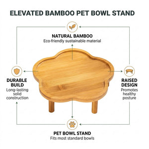 Elevated Bamboo Pet Bowl Stand | Flower Shape Tray, Raised Cat & Dog Feeder