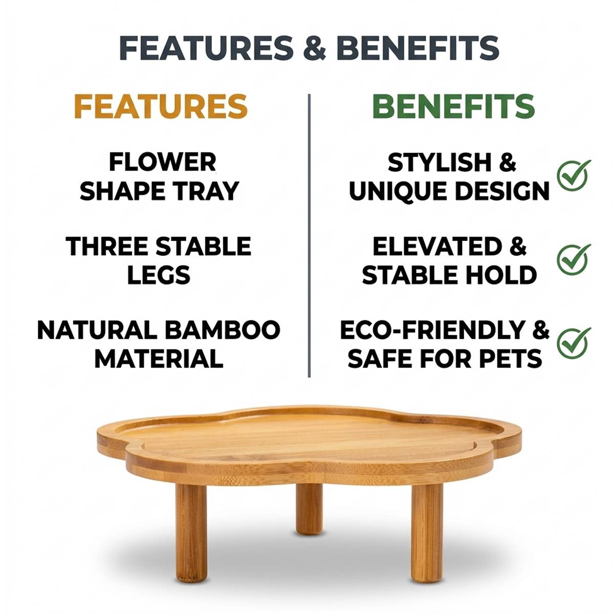 Elevated Bamboo Pet Bowl Stand | Flower Shape Tray, Raised Cat & Dog Feeder