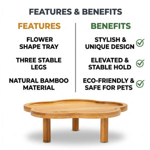 Elevated Bamboo Pet Bowl Stand | Flower Shape Tray, Raised Cat & Dog Feeder