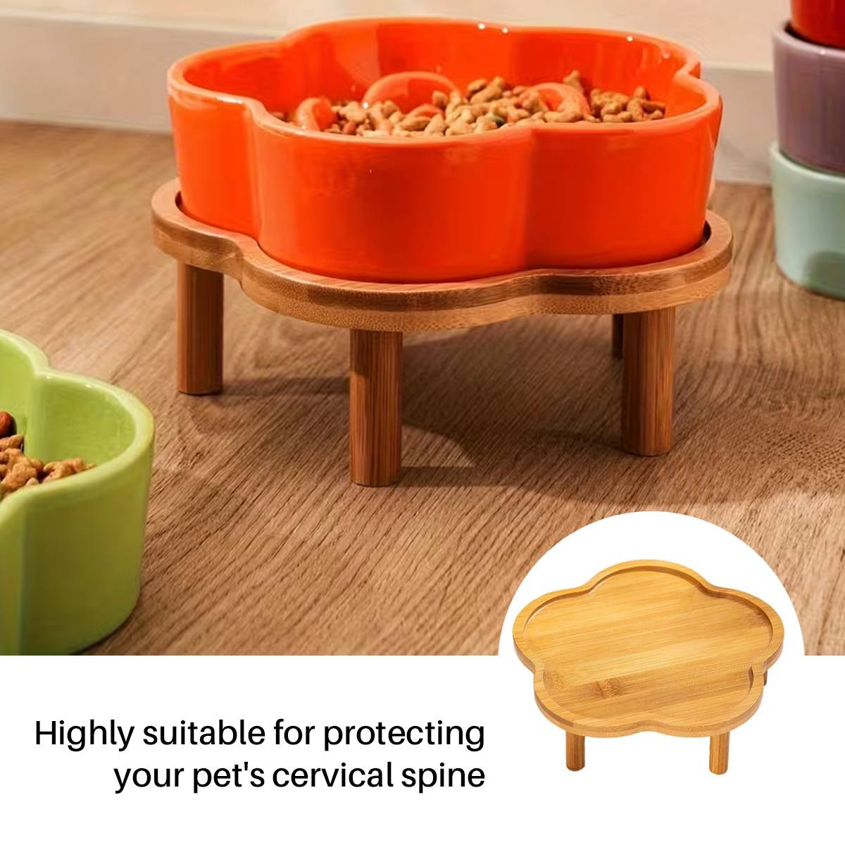 Elevated Bamboo Pet Bowl Stand | Flower Shape Tray, Raised Cat & Dog Feeder