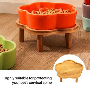Elevated Bamboo Pet Bowl Stand | Flower Shape Tray, Raised Cat & Dog Feeder