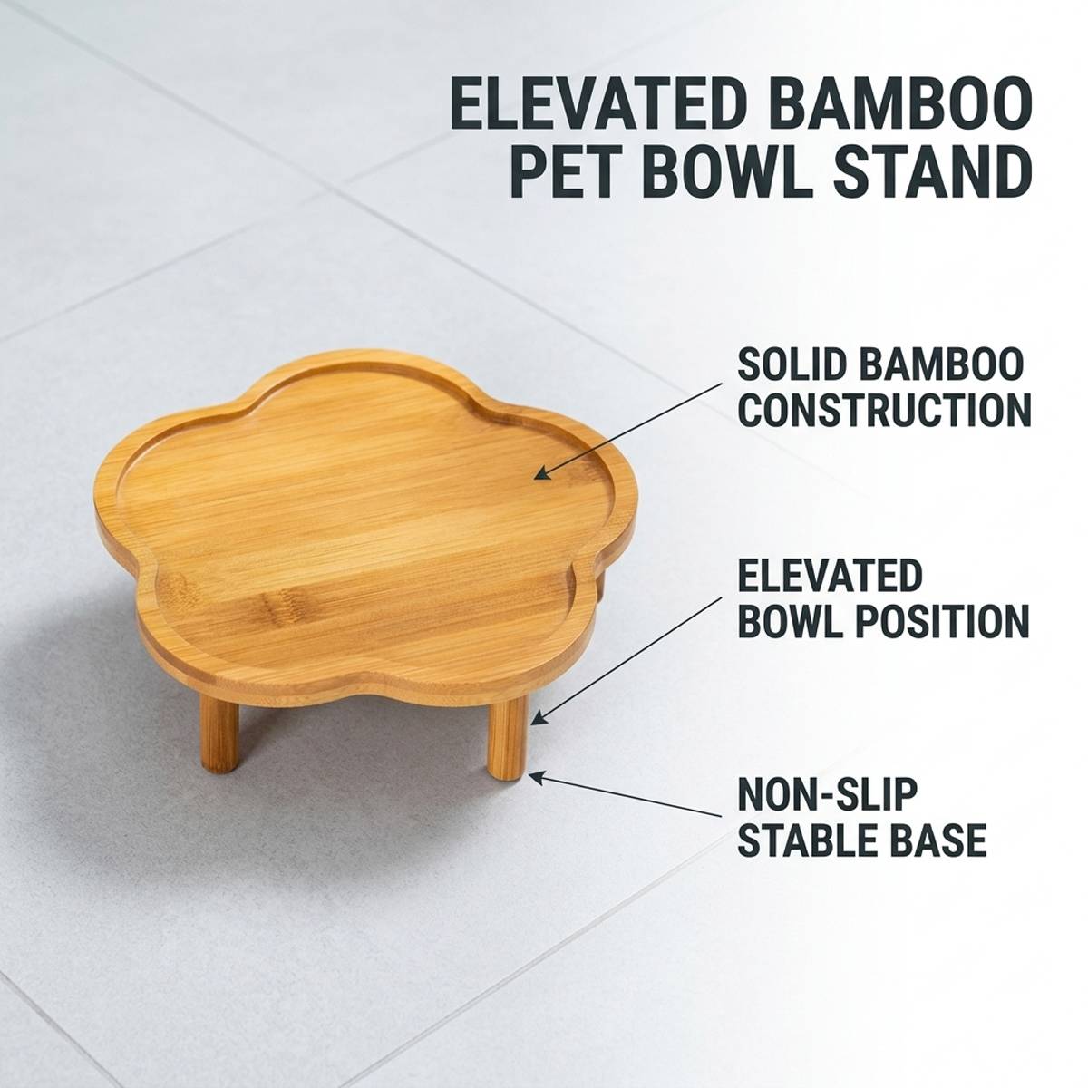 Elevated Bamboo Pet Bowl Stand | Flower Shape Tray, Raised Cat & Dog Feeder