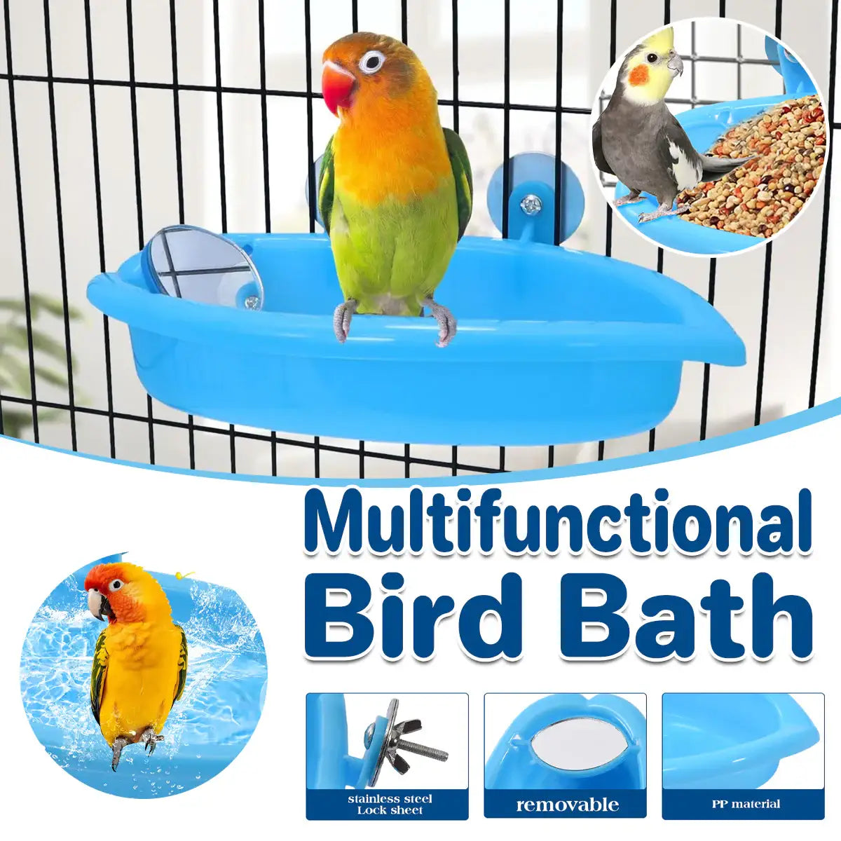 Hanging bird bath with mirror for small birds