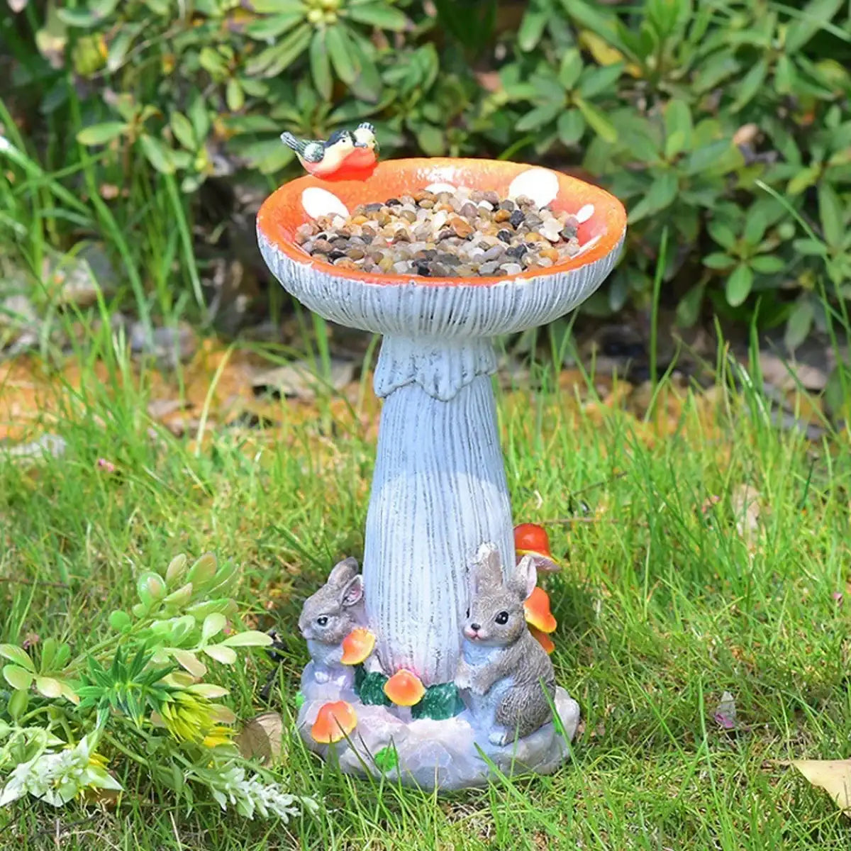 Mushroom Bird Feeder Garden Ornament with Rabbit Figurines