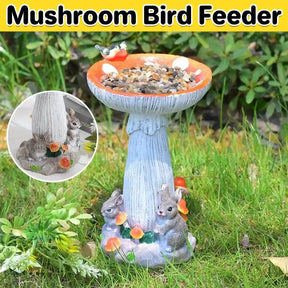 Mushroom Bird Feeder Garden Ornament with Rabbit Figurines