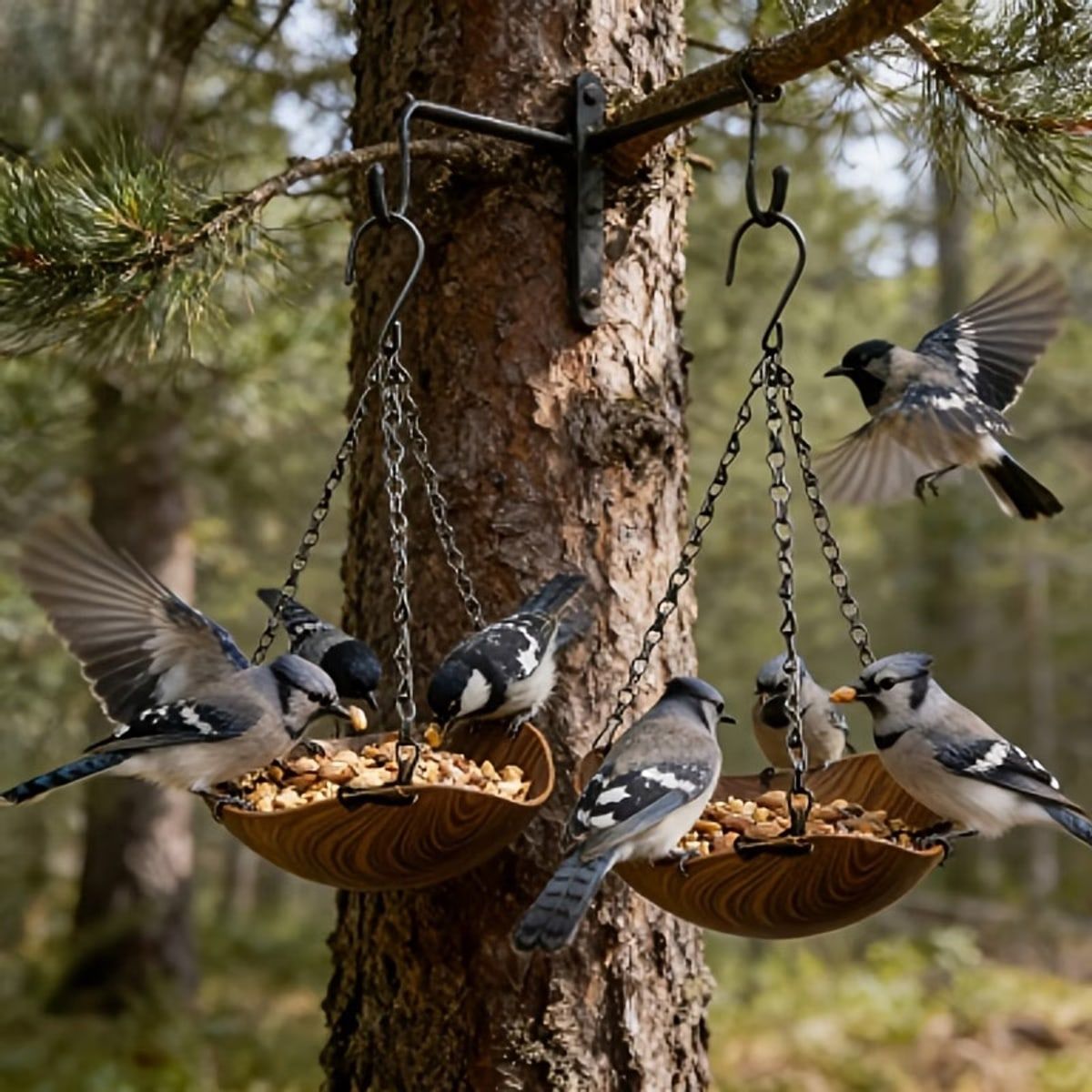 2 Pcs Wood Grain Hanging Bird Feeder Bowls