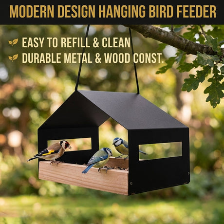 Hanging wooden garden bird feeder with rain cover