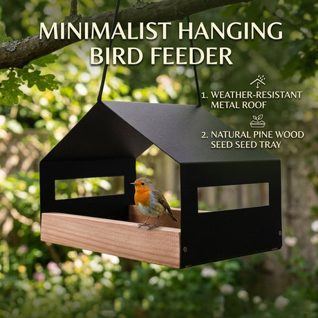 Hanging wooden garden bird feeder with rain cover – product view 2