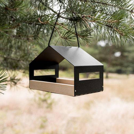 Hanging wooden garden bird feeder with rain cover – product view 5