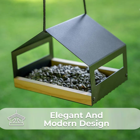 Hanging wooden garden bird feeder with rain cover – product view 6