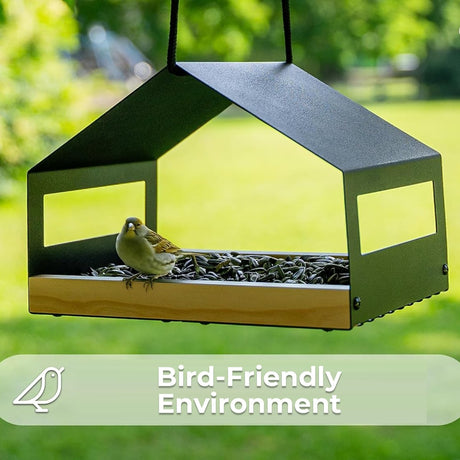 Hanging wooden garden bird feeder with rain cover – product view 7