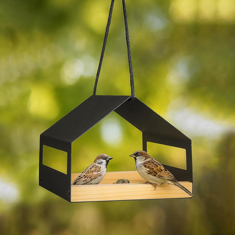 Hanging wooden garden bird feeder with rain cover – product view 10