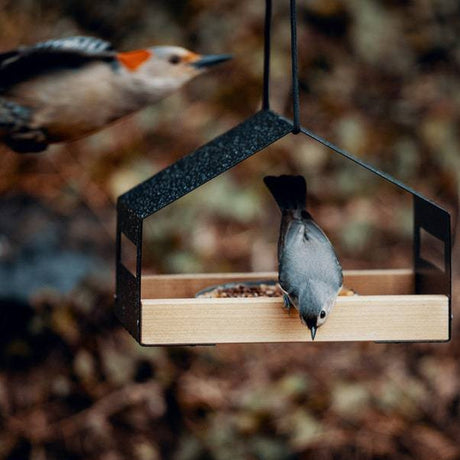 Hanging wooden garden bird feeder with rain cover – product view 11