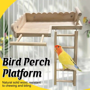 Natural wooden bird stand with perch and ladder