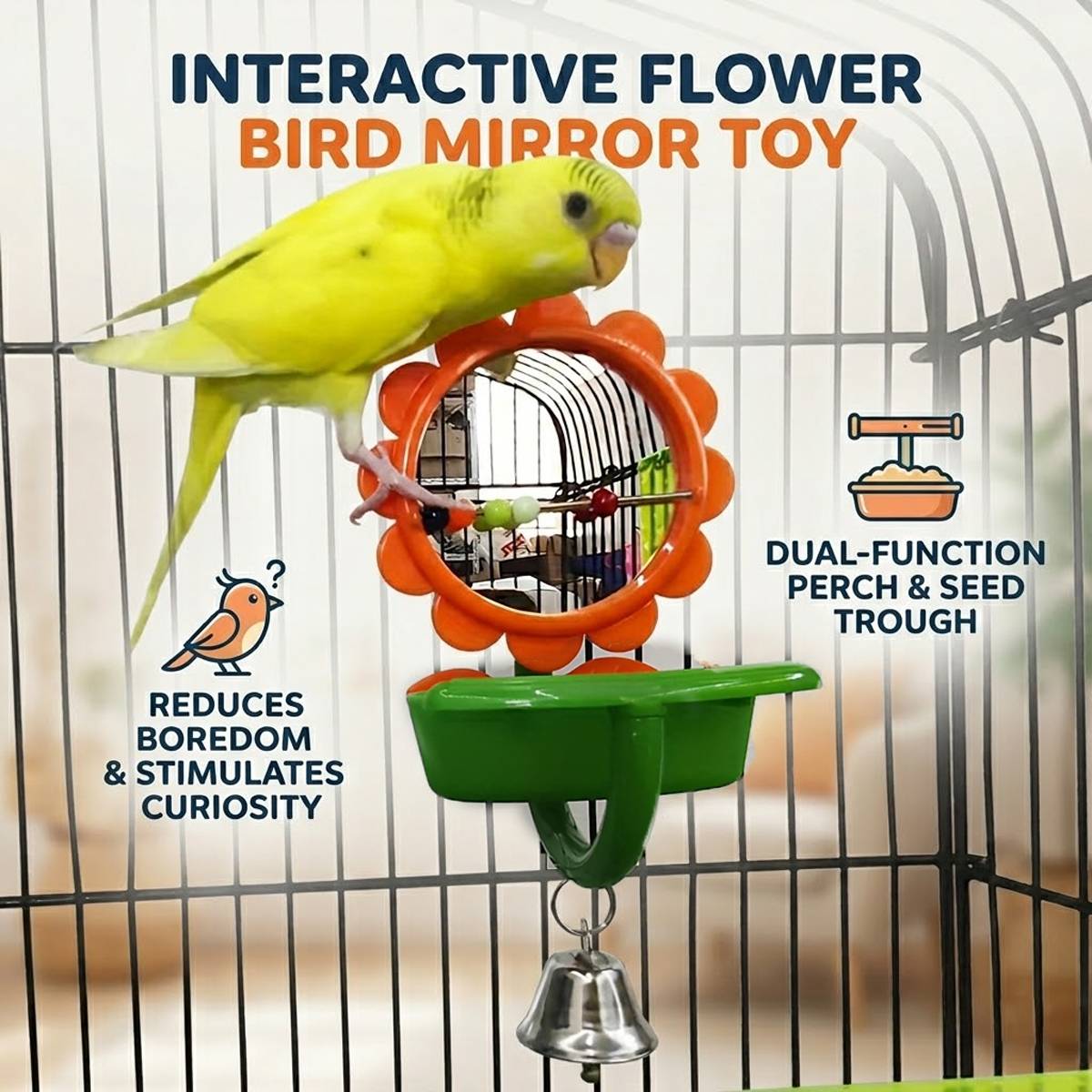 Bird Mirror Toy with Bell & Feeder Cup | Interactive Cage Accessory