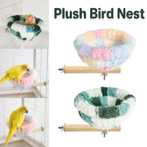 Soft plush bird nest with wooden perch for parrots, budgies, and finches.