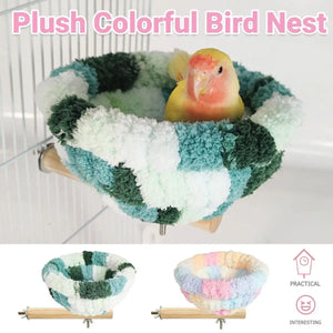 Soft Plush Bird Nest with Wooden Perch Cozy Cage Bed for Small Birds