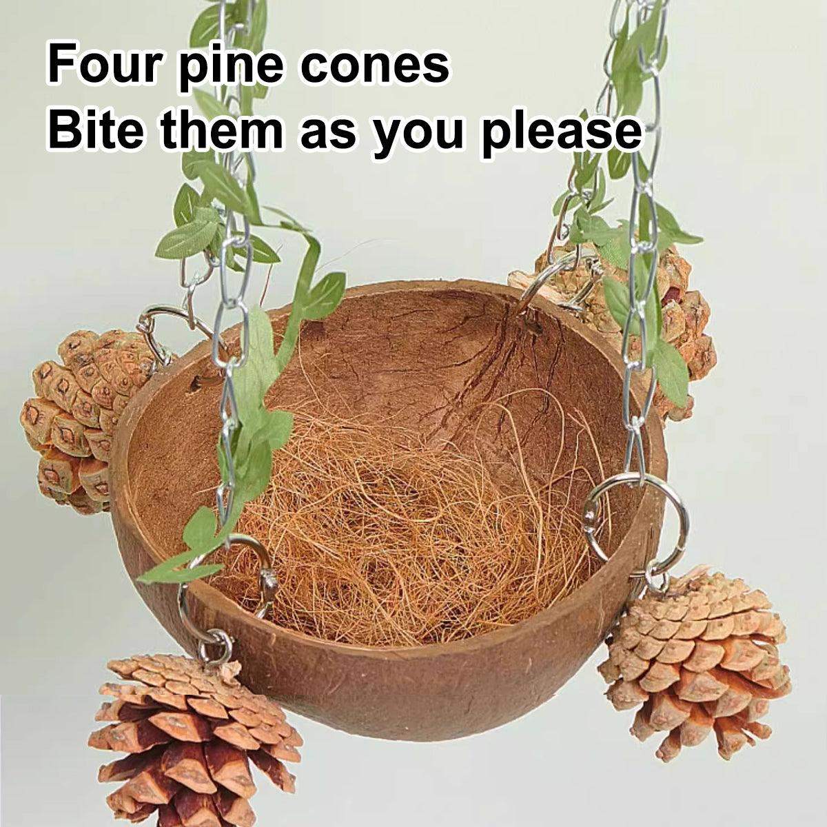 Coconut Bird's Nest for Parrots Natural Habitat with Swing & Hammock