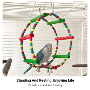 Colorful Wooden Bird Swing with Bells for Bird Cage