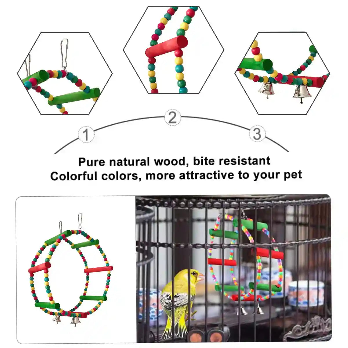 Colorful Wooden Bird Swing with Bells for Bird Cage