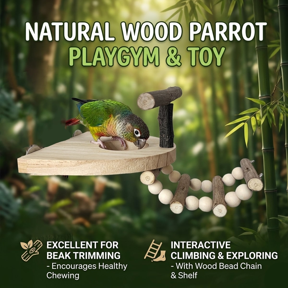 Wooden Parrot Perch Platform with Climbing Ladder for Bird Cages
