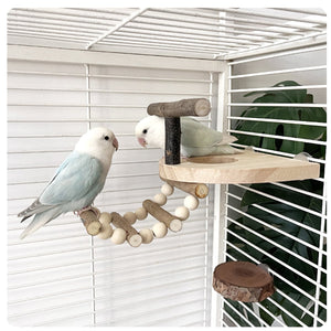 Wooden Parrot Perch Platform with Climbing Ladder for Bird Cages