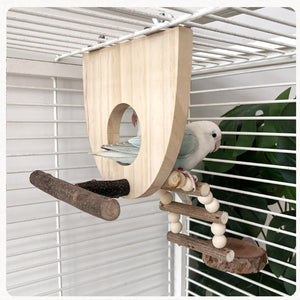 Wooden Parrot Perch Platform with Climbing Ladder for Bird Cages