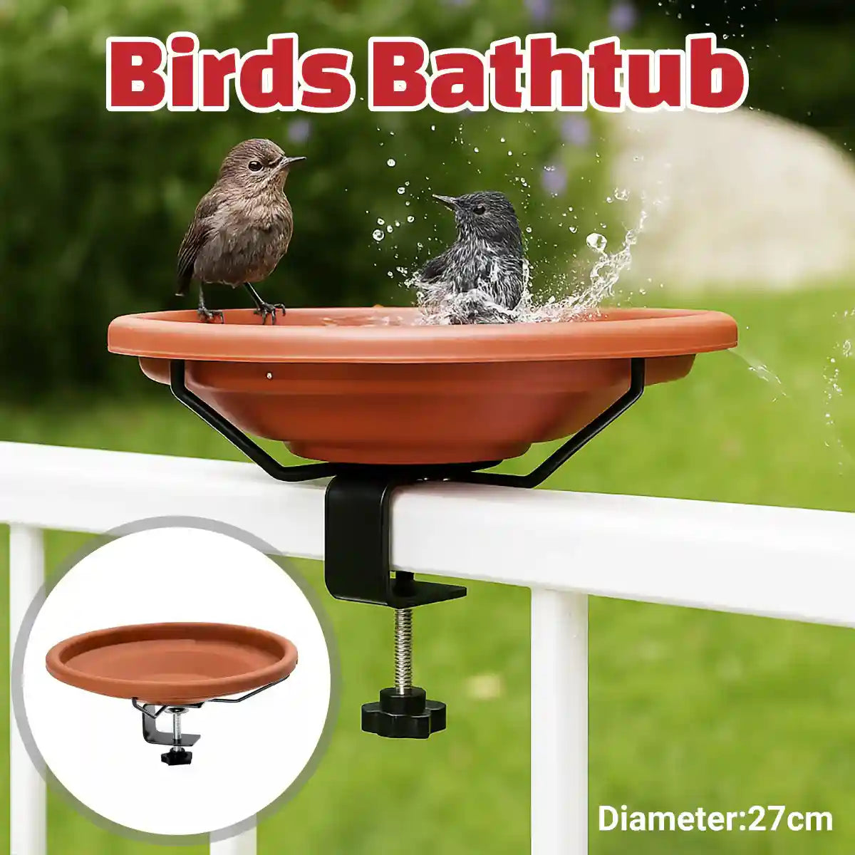 Adjustable Clamp-On Bird Bath Bowl 27cm Hanging Water Dish for Outdoor Use