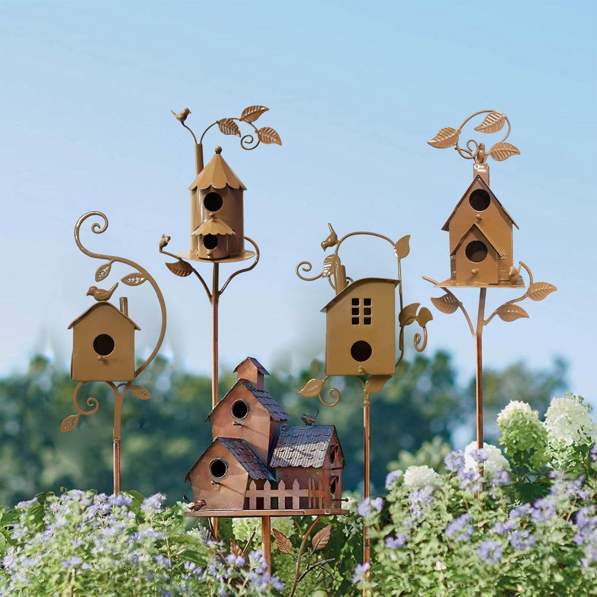 Outdoor Iron Birdhouse GardenStakes Bird House Metal Crafts Pastoral Plug-in