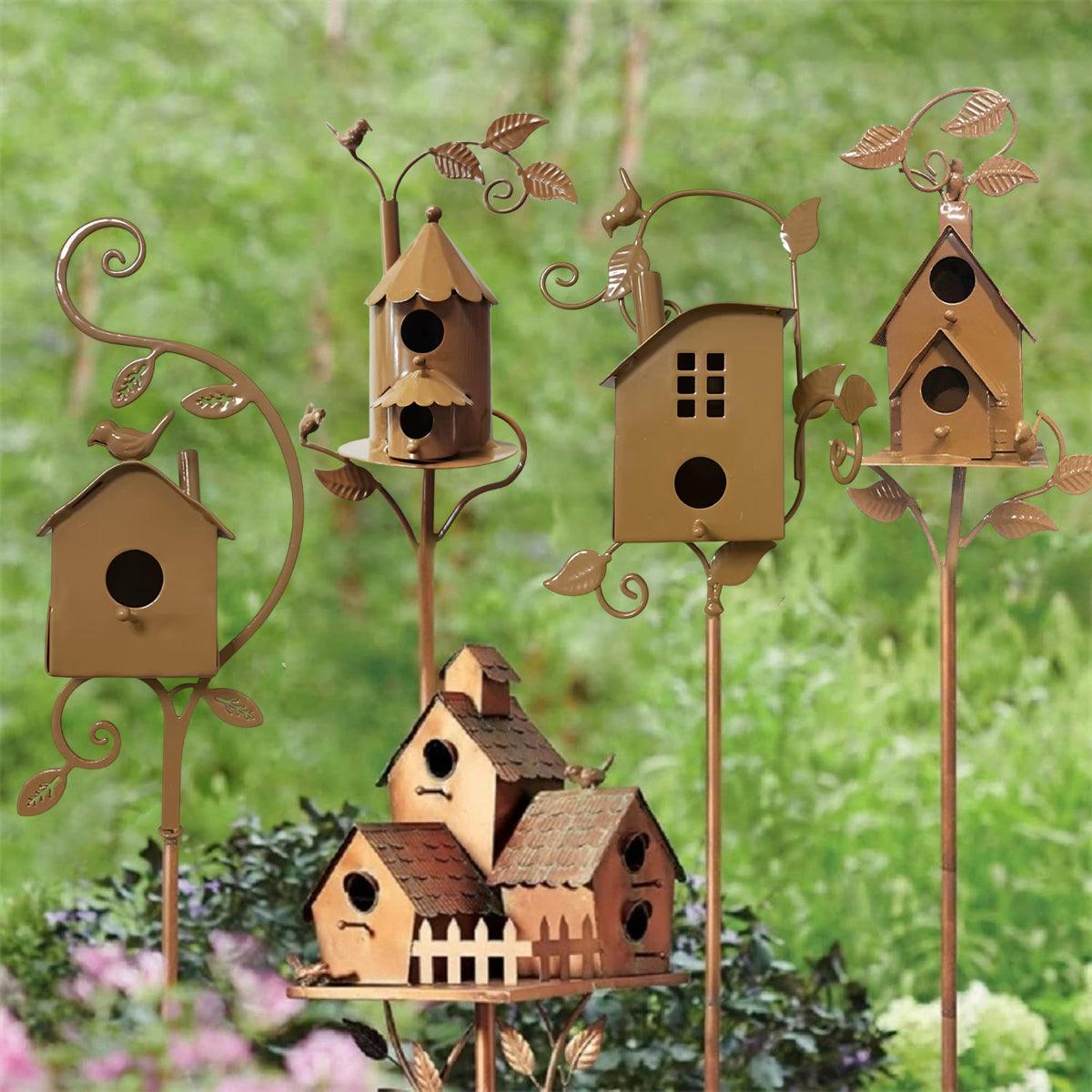 Outdoor Iron Birdhouse GardenStakes Bird House Metal Crafts Pastoral Plug-in