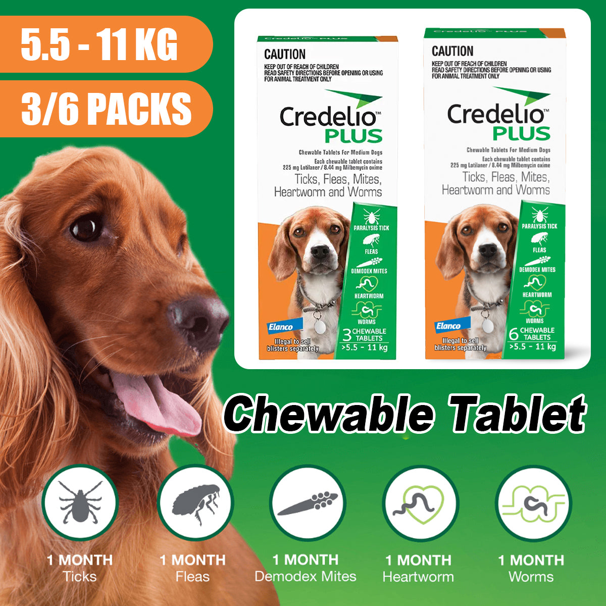 Credelio Plus Chewable Tablets For Medium Dogs 5.6-11kg