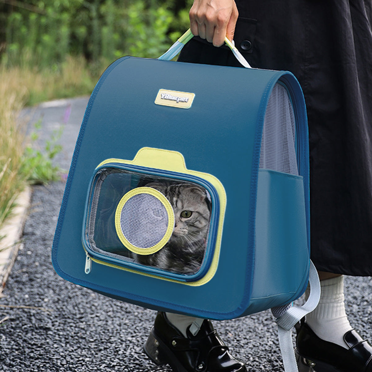 Portable Pet Backpack Blue Nylon Breathable Travel Carrier