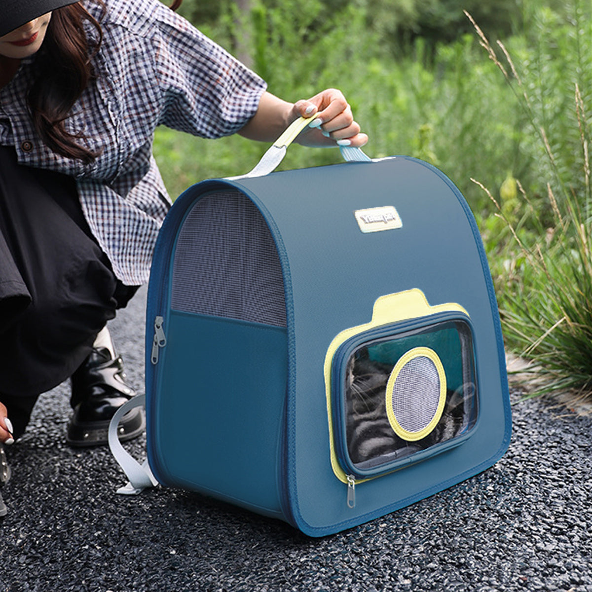 Portable Pet Backpack Blue Nylon Breathable Travel Carrier