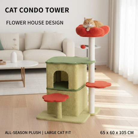Large flower cat tree with condo and scratching posts