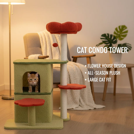 Large flower cat tree with condo and scratching posts – product view 2