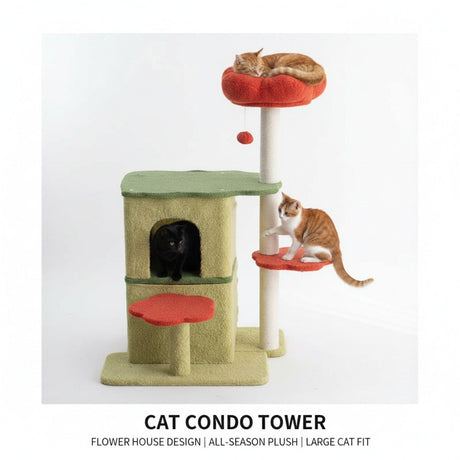 Large flower cat tree with condo and scratching posts – product view 3