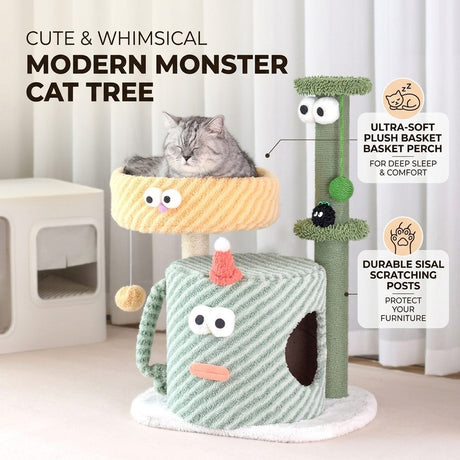 Compact green cat tree with bed scratching post and hanging toys – product view 2