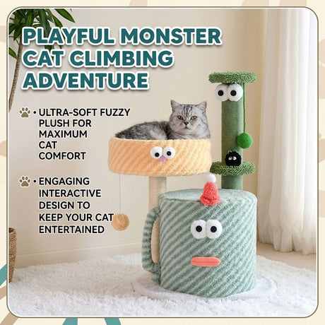 Compact green cat tree with bed scratching post and hanging toys