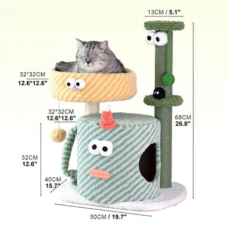 Compact green cat tree with bed scratching post and hanging toys – product view 4
