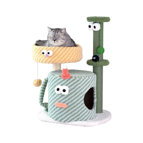 Compact green cat tree with bed scratching post and hanging toys – product view 3