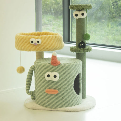 Compact green cat tree with bed scratching post and hanging toys – product view 13