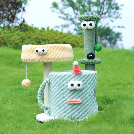Compact green cat tree with bed scratching post and hanging toys – product view 5
