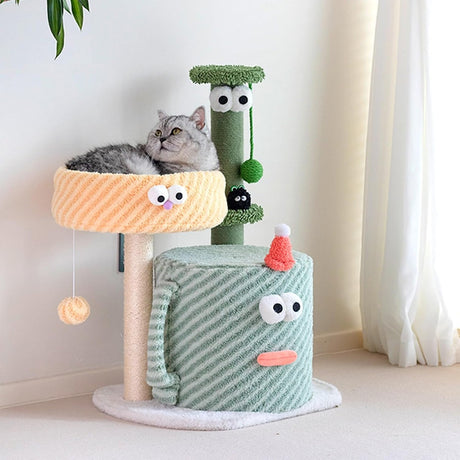 Compact green cat tree with bed scratching post and hanging toys – product view 6