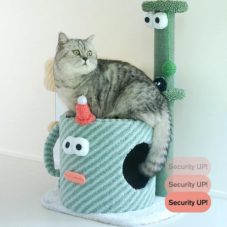 Compact green cat tree with bed scratching post and hanging toys – product view 9