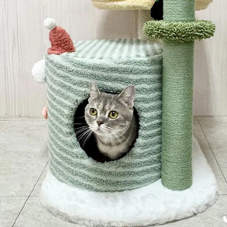 Compact green cat tree with bed scratching post and hanging toys – product view 10