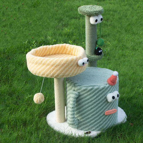 Compact green cat tree with bed scratching post and hanging toys – product view 11