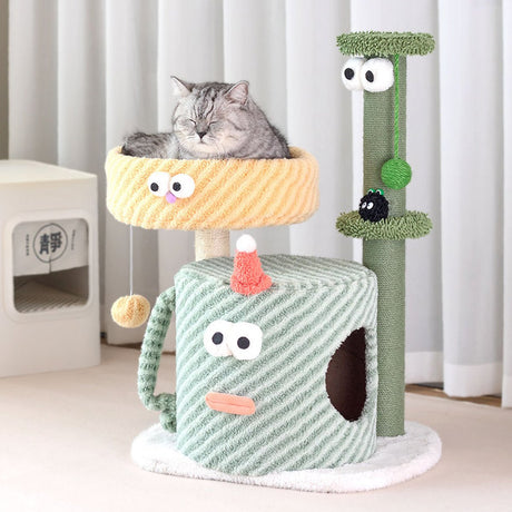 Compact green cat tree with bed scratching post and hanging toys – product view 12