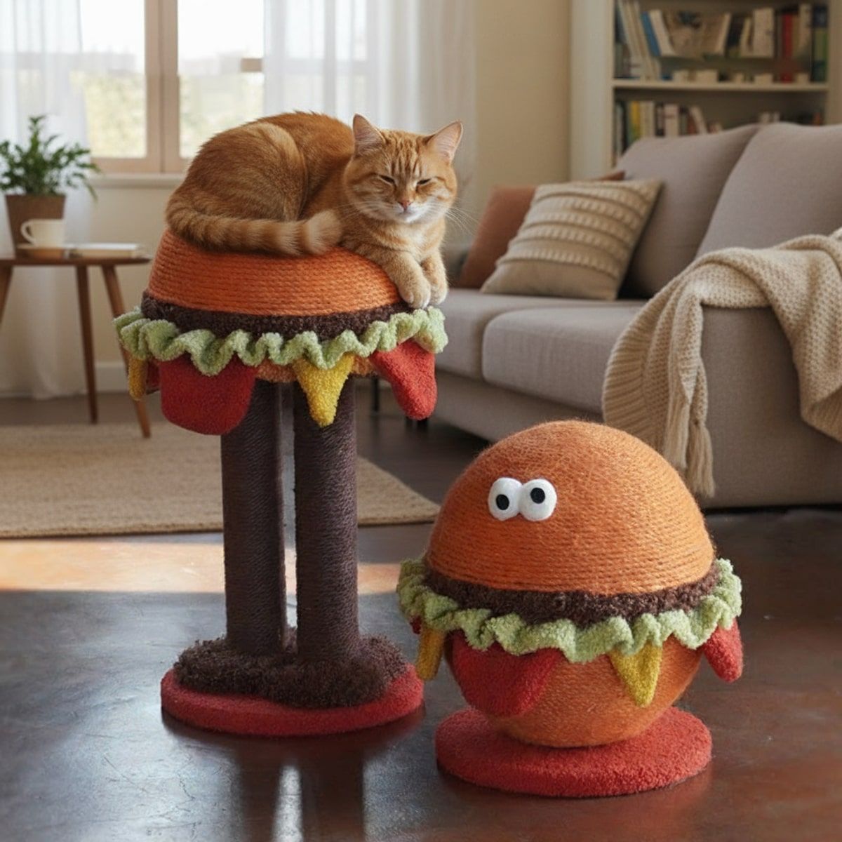 Burger Cat Scratcher Post - Sisal Rope Cat Toy Tower