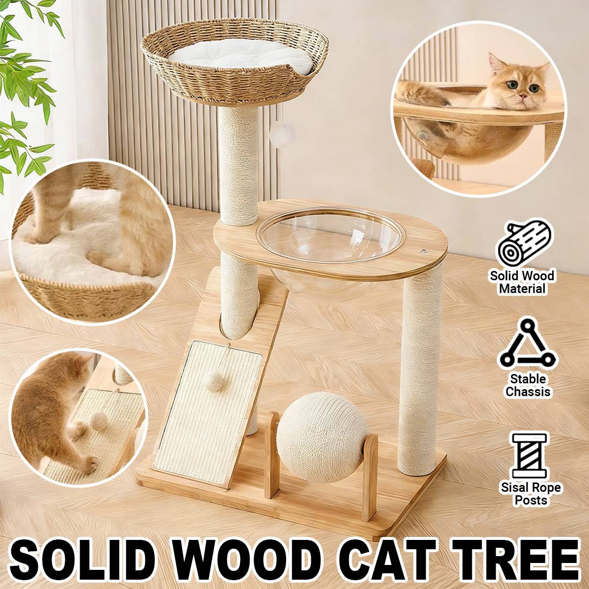 Solid Wood Cat Tree With Sisal Post And Capsule