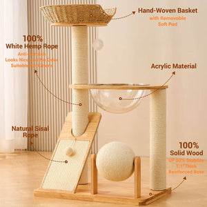Solid Wood Cat Tree With Sisal Post And Capsule